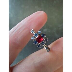 Red & Blue Rhinestone Silver Tone Metal Ring Size 6.5 Costume Jewelry